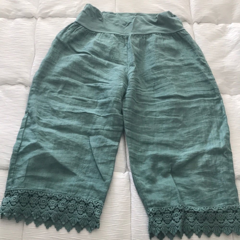 Linen green/teal wide leg capri pants
